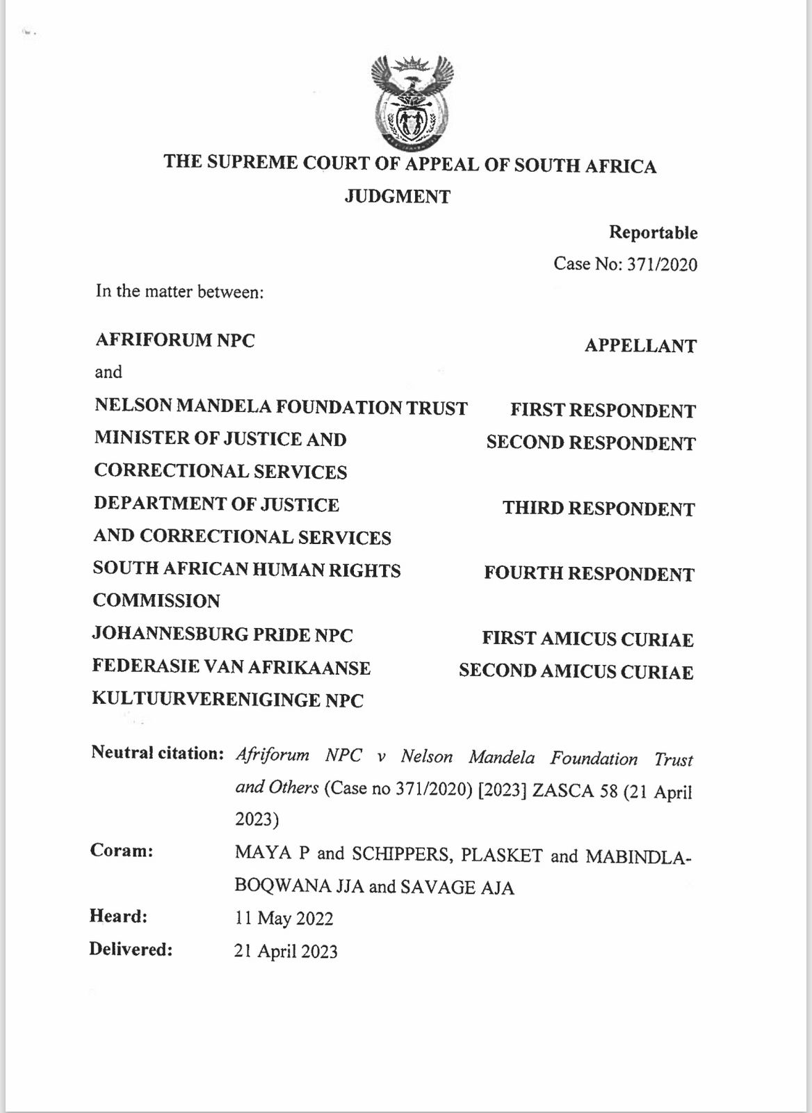 Supreme Court of Appeal judgment cover page, Afriforum NPC v Nelson Mandela Foundation Trust