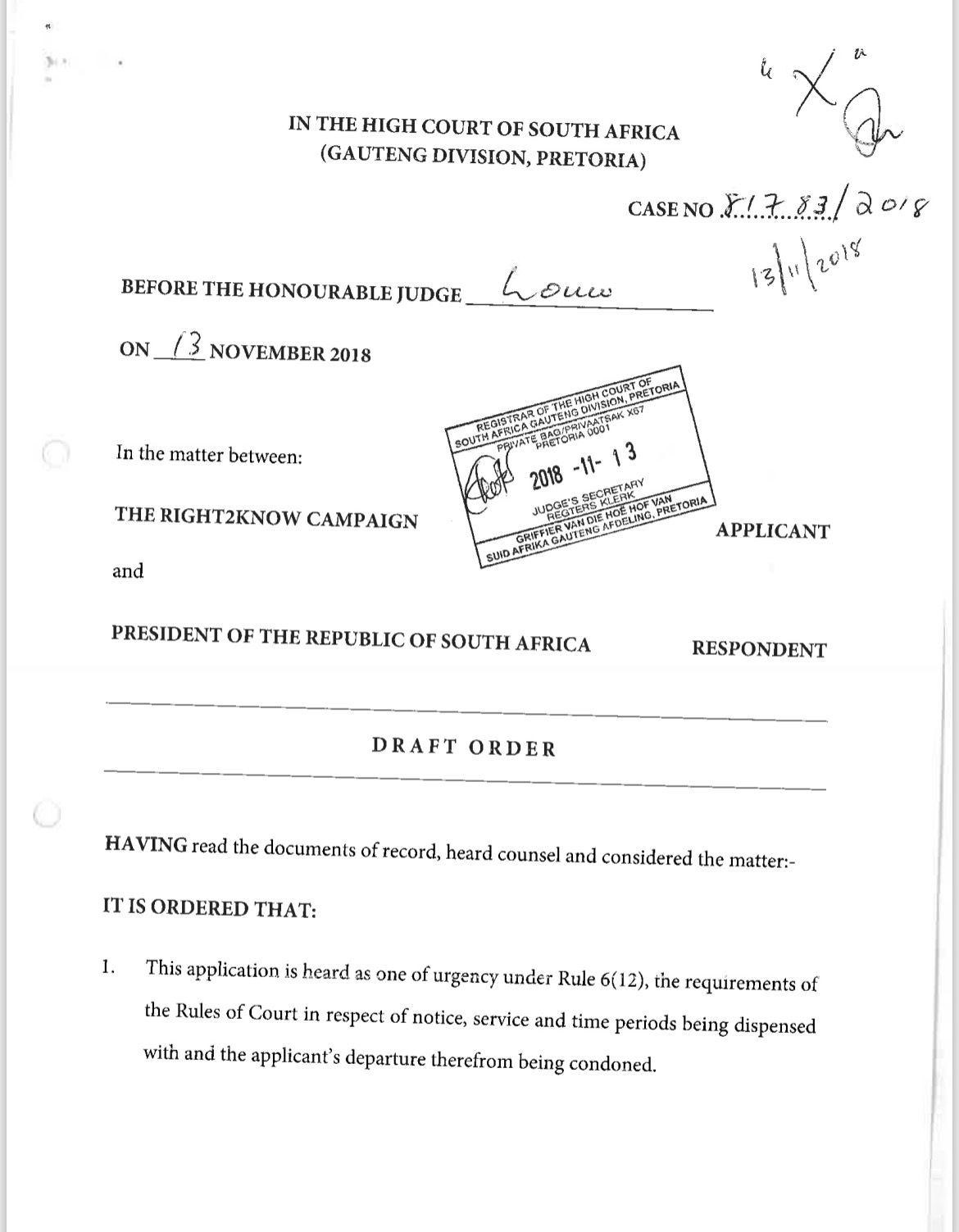 Stamped draft order cover page, Right2Know Campaign v President of the Republic of South Africa